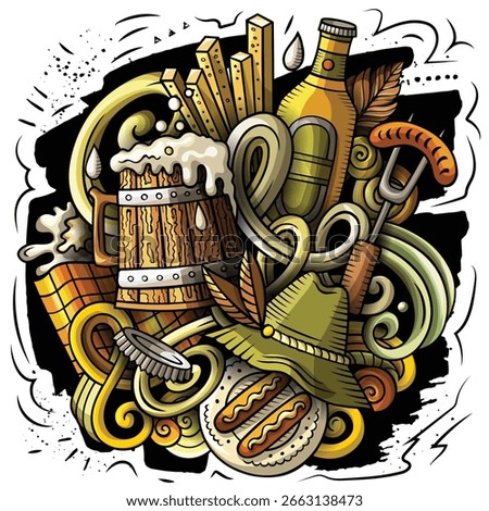 Cartoon vector Beer doodle illustration features a variety of Oktoberfest objects and symbols. Bright colors whimsical funny picture. Hand-drawn, not AI