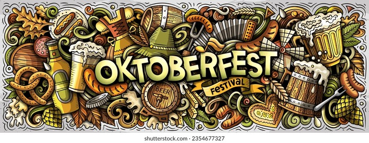 Cartoon vector Beer festival doodle illustration features a variety of Oktoberfest objects and symbols. Bright colors whimsical funny picture.