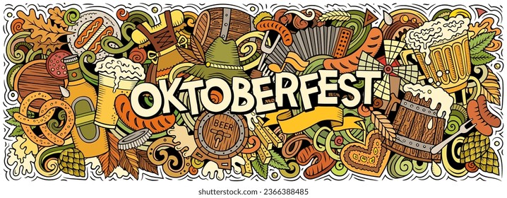 Cartoon vector Beer festival doodle illustration features a variety of Oktoberfest objects and symbols. Bright colors whimsical funny picture.