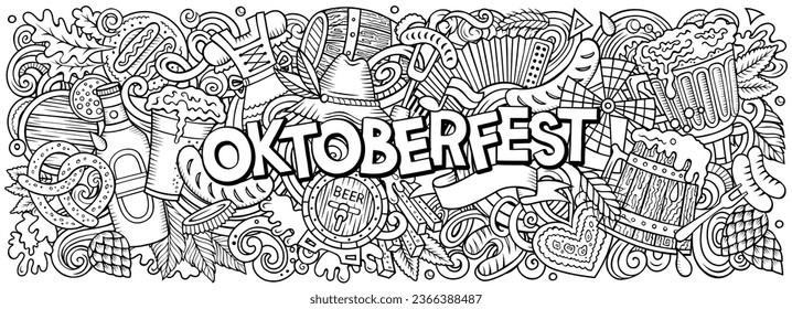 Cartoon vector Beer festival doodle illustration features a variety of Oktoberfest objects and symbols. Sketchy whimsical funny picture.