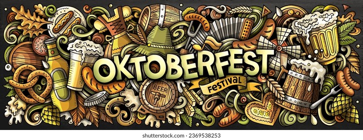 La ilustración del doodle del festival de la cerveza vector de dibujos animados presenta una variedad de objetos y símbolos de Oktoberfest. Colores brillantes imagen graciosa caprichosa.