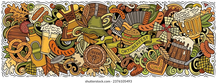 Cartoon vector Beer festival doodle illustration features a variety of Oktoberfest objects and symbols. Bright colors whimsical funny picture.