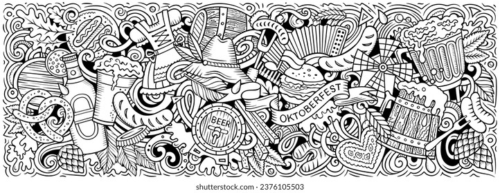 Cartoon vector Beer festival doodle illustration features a variety of Oktoberfest objects and symbols. Skethcy whimsical funny picture.