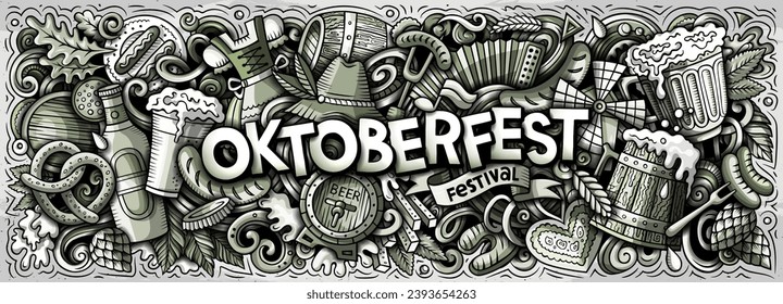 Cartoon Vektor Beer Festival doodle Illustration zeigt eine Vielzahl von Oktoberfest-Objekten und Symbolen. Einfarbiges lustiges Bild.