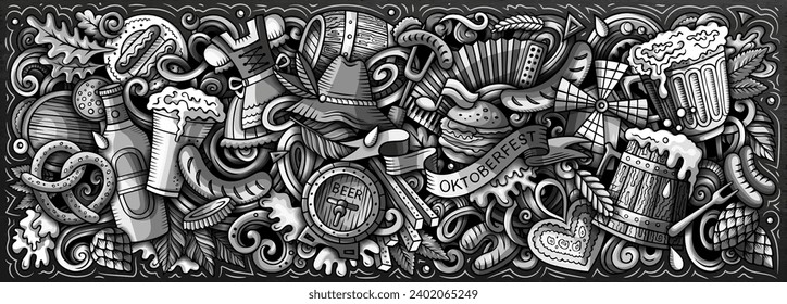 Cartoon vector Beer festival doodle illustration features a variety of Oktoberfest objects and symbols. Monochrome whimsical funny picture.