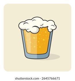 Cartoon vetor de vidro de cerveja com espuma e bolhas no fundo bege. Ideal para pub, menu de bar, Oktoberfest, cervejaria, álcool e projetos de design com temas de bebidas.