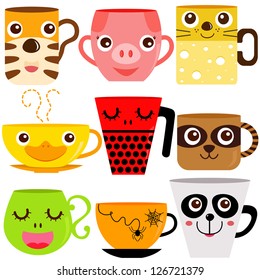 Cartoon Vector of beverage cup, coffee mug with Animal face and pattern - giraffe, pig, mouse, duck, raccoon, frog, spider, panda. Set of cute and colorful icon collection isolated on white background