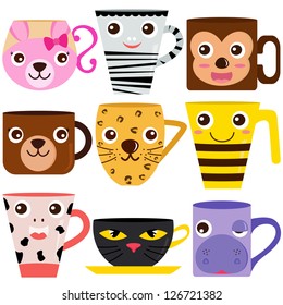 Cartoon Vector beverage cup  coffee mug and Animal face   pattern    rabbit  zebra  monkey  bear  leopard  bee  cow  cat  hippo  Set cute colorful icon collection isolated white background
