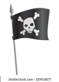 Cartoon vector black pirate flag with skull on metal spire, isolated on white