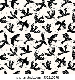 Cartoon vector black silhouette flying birds seamless pattern. Animal decoration background. 