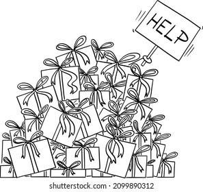 Cartoon vector black and white illustration or drawing of big pile of christmas presents or gifts. Hand is sticking out with help sign.