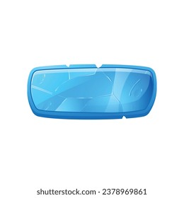 Cartoon vector blue game button, ice crystal frame. Options and selection glossy board, panel settings. Isolated square element for user ui menu interface, mobile application.