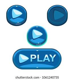 Cartoon vector blue game play buttons, push and hover animation states
