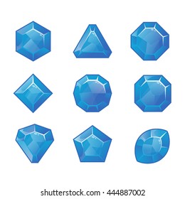 Cartoon vector  blue gems and diamonds icons set in different shapes, isolated on the white background.