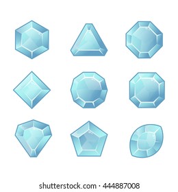 Cartoon vector blue gems and diamonds icons set in different shapes, isolated on the white background.