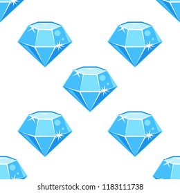 Cartoon vector blue gemstone, diamond shape, seamless pattern