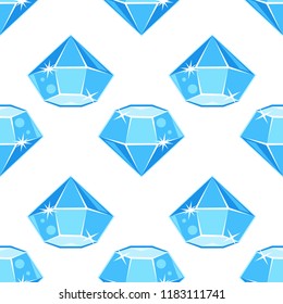 Cartoon vector blue gemstone, diamond shape, seamless pattern