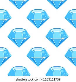 Cartoon vector blue gemstone, diamond shape, seamless pattern