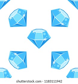 Cartoon vector blue gemstone, diamond shape, seamless pattern