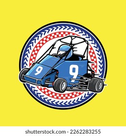 caricatura vectorial mitad azul coche de carreras número 9 con elemento emblema de carreras de colores vivos aislado en fondo amarillo, puede ser utilizado como logo de amante del automóvil, club, taller de reparación