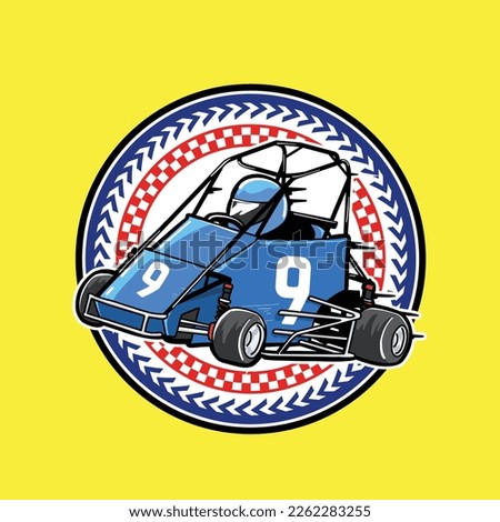 cartoon vector blue midget racing car number 9 with bright colored racing emblem element isolated on yellow background, can be used as a logo of automotive lover, club, repair shop