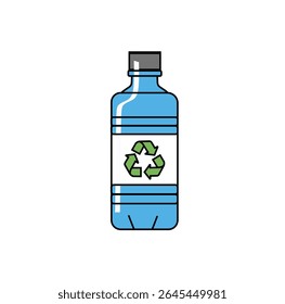 Vetor cartoon de uma garrafa de água de plástico azul com uma tampa cinzenta e um símbolo verde de reciclagem proeminente no seu rótulo, indicando ecologicamente correto.