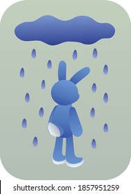 Dibujo vectorial conejito azul triste en la lluvia sobre fondo verde. Ilustración plana de tristeza o depresión