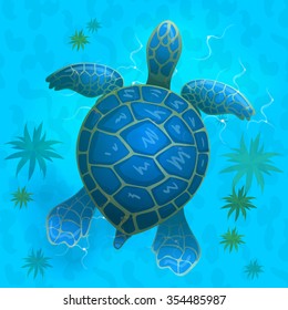 cartoon vector blue sea turtle under water. Top view . Vector game design for app