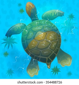 cartoon vector blue sea turtle under water. Top view . Vector game design for app