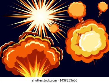 Cartoon vector bomb explosion with smoke. Cartoon style effect boom, explosion flash, bomb comic. Explosion with fire and cloud. Vector illustration