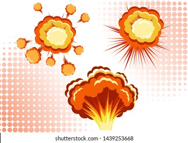 Cartoon vector bomb explosion with smoke. Cartoon style effect boom, explosion flash, bomb comic. Explosion with fire and cloud. Vector illustration