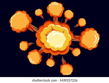 Cartoon vector bomb explosion with smoke. Cartoon style effect boom, explosion flash, bomb comic. Explosion with fire and cloud. Vector illustration