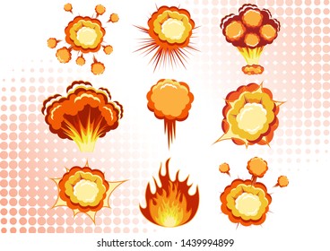 Cartoon vector bomb explosion with smoke. Cartoon style effect boom, explosion flash, bomb comic. Explosion with fire and cloud. Vector illustration