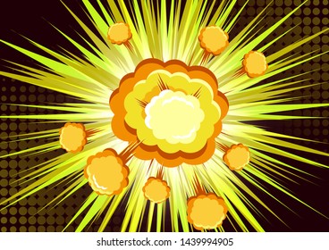 Cartoon vector bomb explosion with smoke. Cartoon style effect boom, explosion flash, bomb comic. Explosion with fire and cloud. Vector illustration