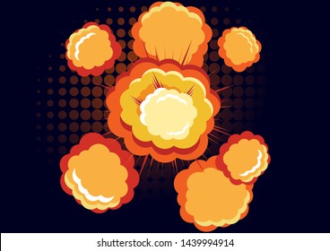 Cartoon vector bomb explosion with smoke. Cartoon style effect boom, explosion flash, bomb comic. Explosion with fire and cloud. Vector illustration