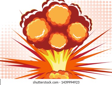Cartoon vector bomb explosion with smoke. Cartoon style effect boom, explosion flash, bomb comic. Explosion with fire and cloud. Vector illustration