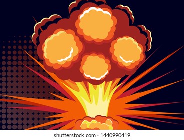 Cartoon vector bomb explosion with smoke. Cartoon style effect boom, explosion flash, bomb comic. Explosion with fire and cloud. Vector illustration