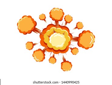 Cartoon vector bomb explosion with smoke. Cartoon style effect boom, explosion flash, bomb comic. Explosion with fire and cloud. Vector illustration