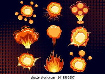 Cartoon vector bomb explosion with smoke. Cartoon style effect boom, explosion flash, bomb comic. Explosion with fire and cloud. Vector illustration