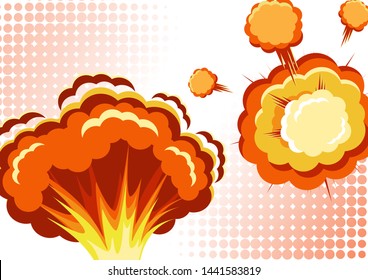 Cartoon vector bomb explosion with smoke. Cartoon style effect boom, explosion flash, bomb comic. Explosion with fire and cloud. Vector illustration