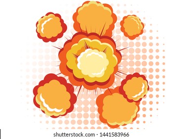 Cartoon vector bomb explosion with smoke. Cartoon style effect boom, explosion flash, bomb comic. Explosion with fire and cloud. Vector illustration
