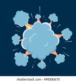Explosión de una bomba vectorial de caricatura con humo. Estilo de caricatura. Boom de efectos, flash explosivo, cómic de bombas. Explosión con fuego y nube. Ilustración de la explosión aislada.
