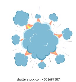 Cartoon vector bomb explosion with smoke. Cartoon style. Effect boom, explode flash, bomb comic. Blast with fire and cloud. Illustration of burst isolated on white background.