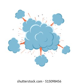 Cartoon vector bomb explosion with smoke. Cartoon style. Effect boom, explode flash, bomb comic. Blast with fire and cloud. Illustration of burst isolated on white background.