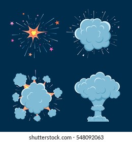 Cartoon vector bomb explosion with smoke. Cartoon style. Effect boom, explode flash, bomb comic. Blast with fire and cloud. Illustration of burst isolated.