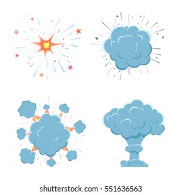 Cartoon vector bomb explosion with smoke. Cartoon style. Effect boom, explode flash, bomb comic. Blast with fire and cloud. Illustration of burst isolated on white background.