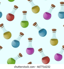 Cartoon vector bottles seamless pattern with colorful liquid. 