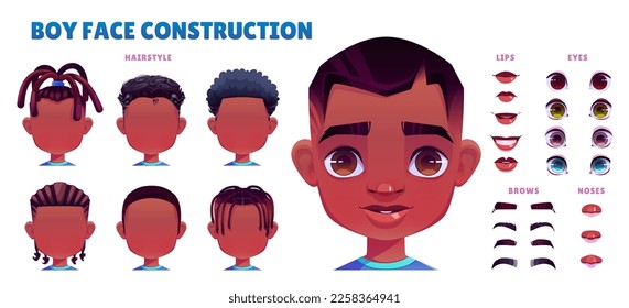 Juego de creación de la cara del personaje de vectores de dibujos animados. Diseño de kit de animación infantil para ilustración de avatar. Paquete de diseño con pelo masculino lindo, emociones, boca y ojo para usar como plantilla para el juego.