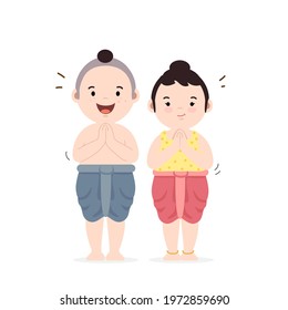 Cartoon vector - boy and girl in thai traditional costume.