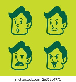 Cartoon vector of a boy with green hair showing happy, cheerful, surprised, and sad emotions. Perfect for UI icons, children’s books, stickers, and emotional character packs
